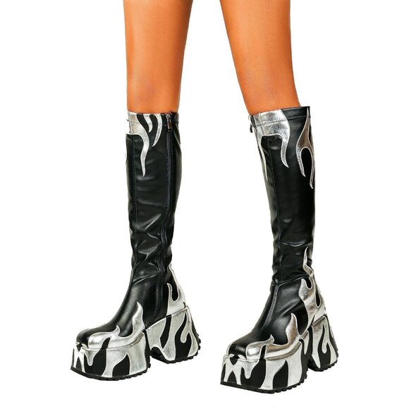 Women’s Synthetic Black Side Zipper High Heeled Flames Printing Chunky Sole Boot - Picture 5 of 6